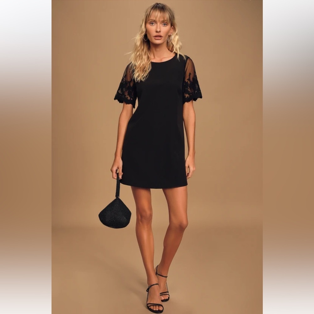 Lulu's Black Mini Dress with Lace Sleeves